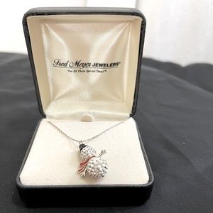 Round Cut White & Red Crystal Snowman Pendant in Sterling Silver